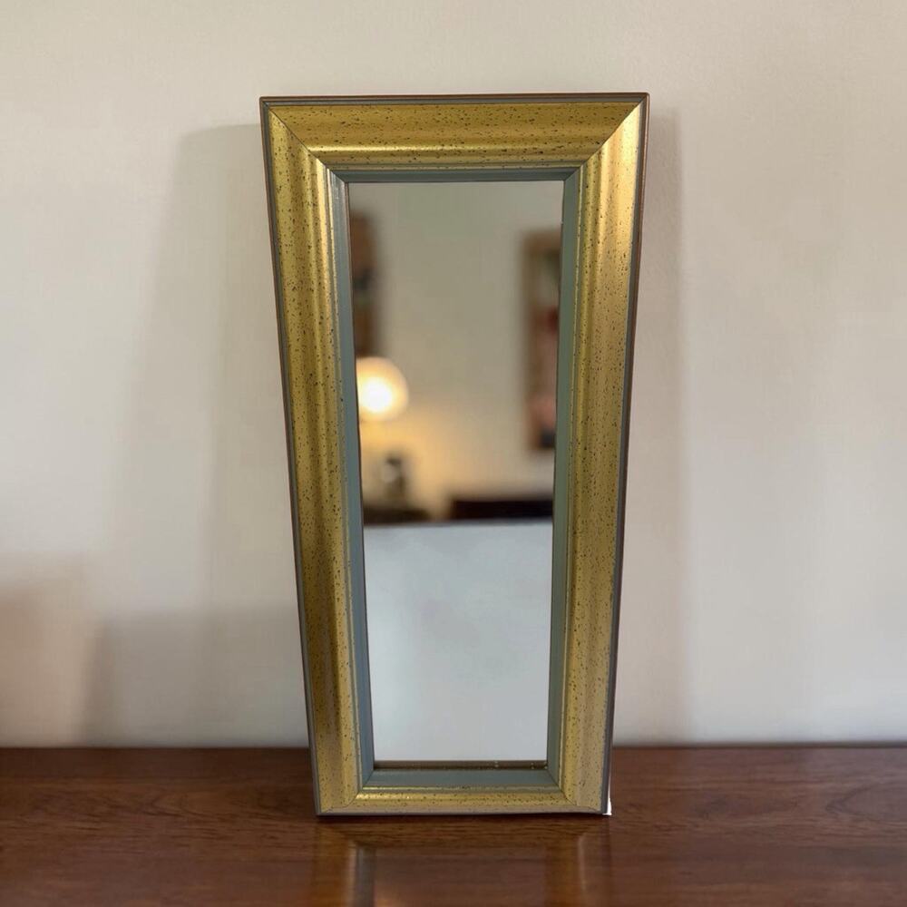 vintage Speckled Gold wooden frame Wall Mirror 16.5”x6.5” Hollywood Regency 